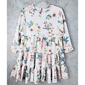 Zara The Sharon Floral Baby Doll Textured Tiered Mini Dress M Boho Soft Girl